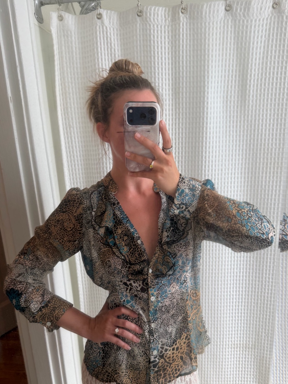 NICOLA Black and Tan Printed Sheer Blouse
